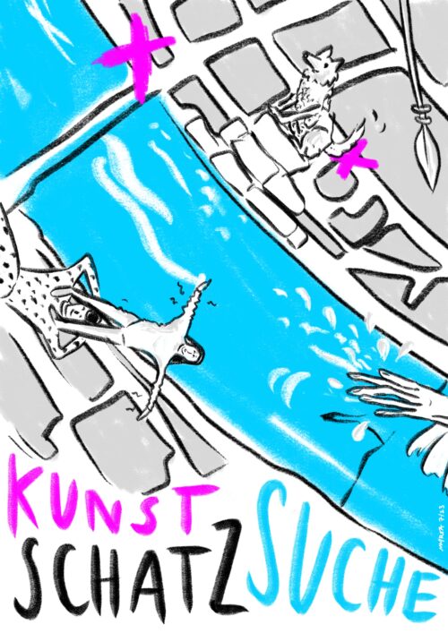 Die verspielte Illustration zeigt einen Kartenausschnitt der Stadt Basel, am unteren Bildrand steht in violetter, schwarzer und hellblauer Schrift "Kunst Schatz Suche". Von links oben nach rechts unten verläuft der Rhein. Er ist hellblau gefärbt, die Häuser am Rheinbord grau hinterlegt. Auf der Kleinbasler Seite hat es zwei mit einem violetten Kreuz markierte Punkte, die auf den zu suchenden Kunstschatz anspielen. Zudem sind ein Hund und ein Speer abgebildet, im Grossbasler ausserdem zwei grinsende Frauen, die eine balanciert auf den Schultern der andern.