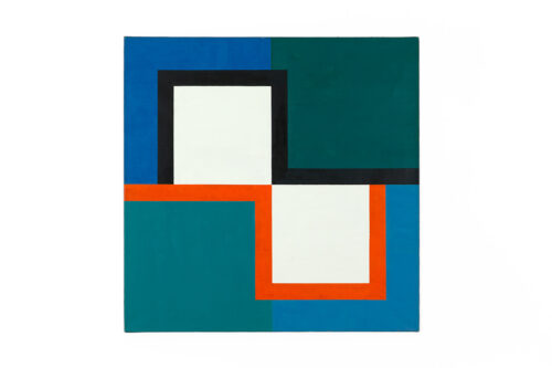 Das Bild zeigt ein Kunstwerk mit kantigen Flächen und Linien in blauer, grüner und roter Farbe sowie in schwarz und weiss.
